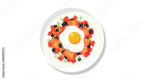 A vibrant culinary illustration showcasing a perfectly fried egg atop a colorful bed of fresh ingredients a truly appetizing and modern breakfast