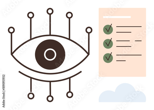 Data security, surveillance, automation, productivity, task completion, digital monitoring. Eye motif with circuitry and checklist symbols. Data security and surveillance concepts