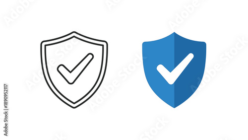 Set of two shield icons one line art and one solid blue representing verified protection security approval or successful completion of a safety task