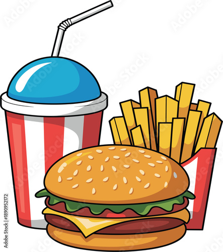 Fast food combo meal with a delicious beef burger, crispy french fries, and a cold drink