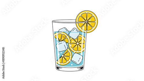 A refreshing minimalist illustration of a cool citrus beverage served in a glass with abundant ice cubes and vibrant lemon slices creating a