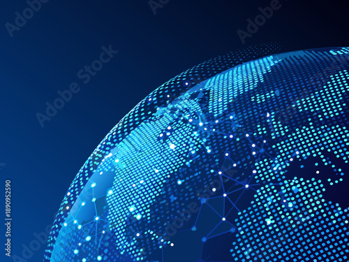 A digital earth globe with connecting nodes and lines representing global networks