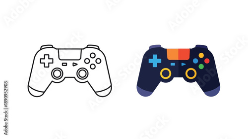 Two distinct video game controller illustrations are presented side by side one featuring a simple black outline and the other showing a full color modern design element