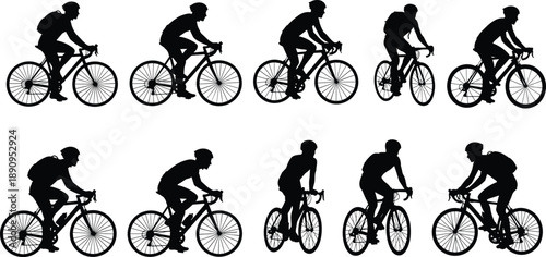 Cyclist silhouettes, bike rider icons, black bicycle graphics, cycling poses, sports clipart, vector bikers, motion design, outdoor activity shapes