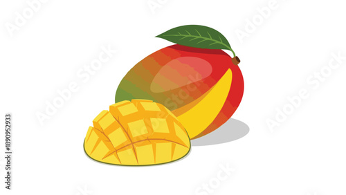 Fresh vibrant mango fruit vector with a perfectly sliced golden half, showcasing delicious tropical produce. A healthy and sweet culinary delight.