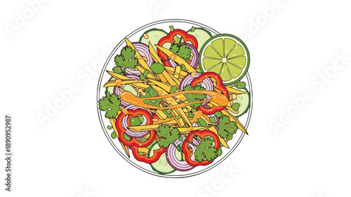 A vibrant vector illustration showcases a fresh, healthy salad bowl brimming with colorful crisp vegetables, zesty lime, and savory julienned