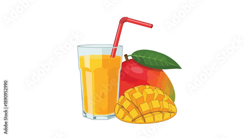 Sweet tropical mango juice in a glass with a straw, fresh whole fruit, and segmented pieces