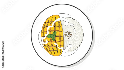 An exquisite culinary illustration featuring vibrant tropical mango paired with delectable sweet sticky rice, beautifully garnished for a delightful