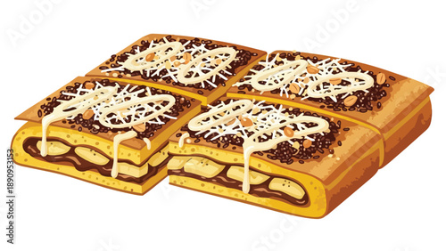 Delectable illustrated golden brown sweet pancakes featuring rich chocolate, ripe banana slices, crunchy peanuts and creamy white sauce topping a