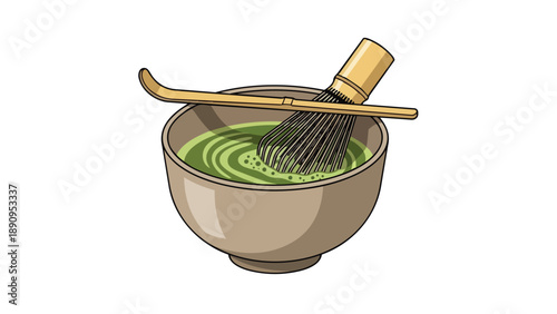 Traditional matcha tea preparation essentials a vibrant green beverage being meticulously whisked in a ceramic bowl using a bamboo chasen for