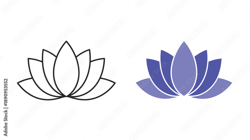 Fototapeta premium Set of two stylized lotus flower icons one a simple black outline and the other a vibrant purple gradient design perfect for yoga wellness or spiritual branding