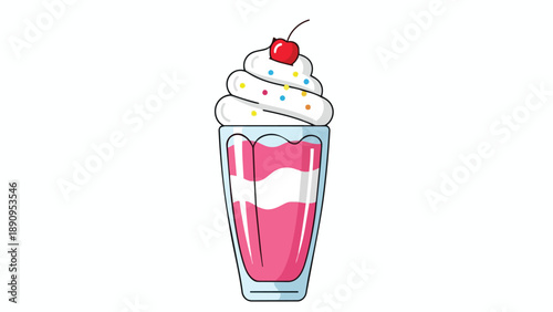 Vibrant cartoon milkshake illustration with whipped cream and cherry on white background
