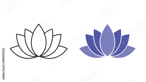 Set of two stylized lotus flower icons one a simple black outline and the other a vibrant purple gradient design perfect for yoga wellness or spiritual branding