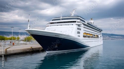 Cruise ship docked at harbor awaiting passengers