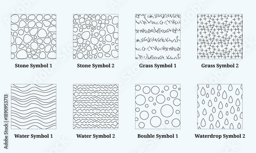 Landscape Architecture CAD Vector Patterns Set. Grass, Water, Stone, Wall, and Texture Elements