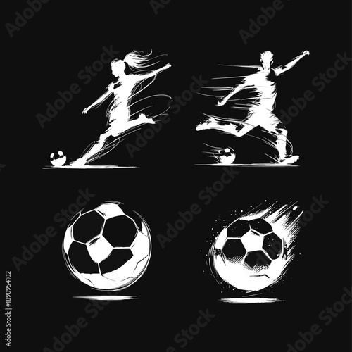 Dynamic Grunge Football Players and Balls Silhouette Set. Black and white vector illustrations of male and female soccer players in action, kicking a ball, alongside abstract soccer ball designs.