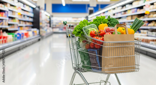 A shopping cart filled with fresh produce and a paper bag in a well-lit grocery store aisle