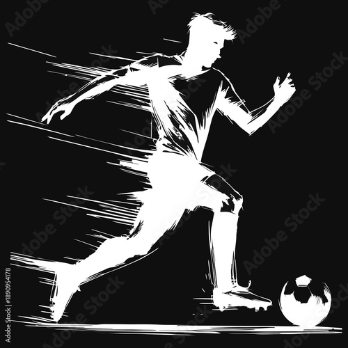 Dynamic Abstract White Silhouette of a Soccer Player Running with a Football and Motion Speed Lines on Black Background