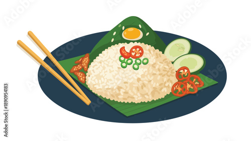 Delicious Asian breakfast illustration with fragrant rice, egg, and fresh sides