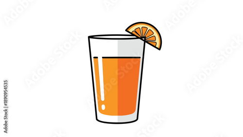 A cheerful, refreshing vector illustration depicting a tall, slender glass full of vibrant, natural orange juice, perfectly garnished with a fresh