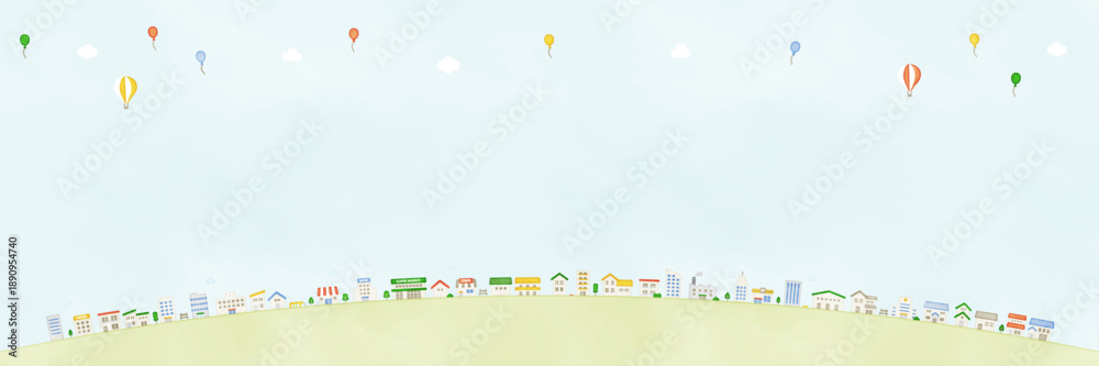 Obraz premium コピースペース付き風船と気球が浮かぶ空と街のイラスト 手書き風
