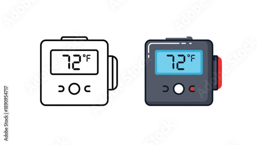 Digital thermometer icon set featuring a detailed colored version and a simple outline style displaying seventy two degrees fahrenheit measurement