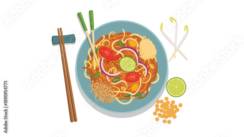 An appetizing overhead view vector illustration of classic Pad Thai noodles with fresh garnishes and chopsticks a delightful culinary scene