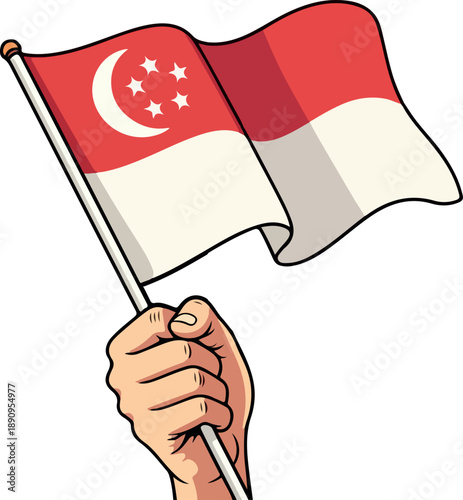 Hand Holding Waving Singapore National Flag