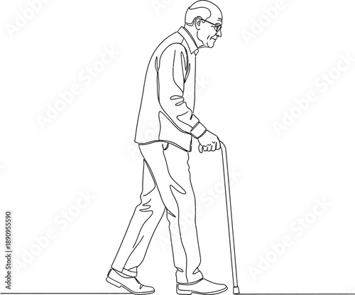Elderly Man Walking with Cane – Line Art Senior Care Black and White Vector Illustration