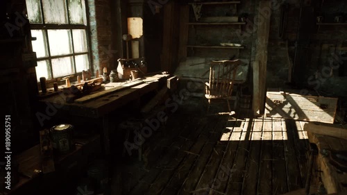 sunlit wooden workshop with cluttered bench, glass jars, mortar and pestle on weathered tabletop, dust motes floating through broken window, creaking