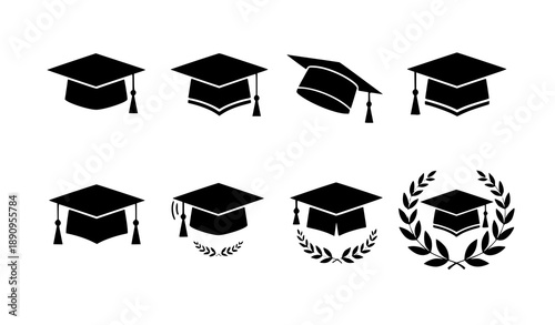 Minimal graduation cap icon set with mortarboard variations vector