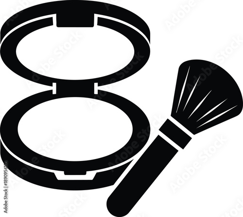 Makeup Compact Powder and Brush Icon – Minimalist Black and White Beauty Vector Illustration