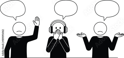 Communication concept illustration showing people expressing emotions listening and speaking with speech bubbles feedback dialogue and misunderstanding idea design