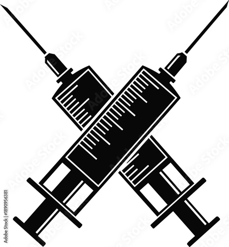 Crossed medical syringe silhouettes illustration representing vaccination injection healthcare treatment immunization concept black and white design