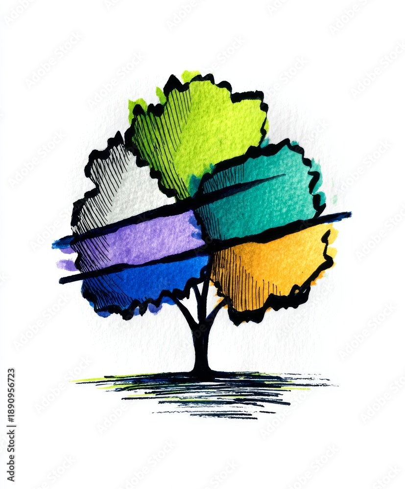 Obraz premium Abstract tree illustration with segmented colorful foliage and black ink trunk on white paper