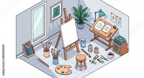 Artist's studio with easel canvas paints brushes and art supplies on a desk surrounded by books and a plant in a cozy room