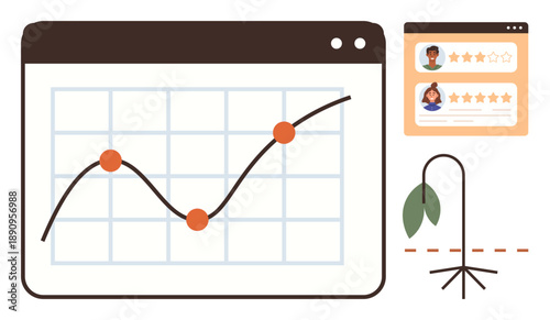 Business growth, data analysis, customer satisfaction, market trends, productivity decline, feedback monitoring. A line graph, customer reviews and a wilting plant explain trends. Business growth