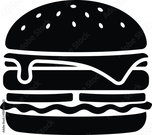 Simple black silhouette icon of a hamburger on a light gray background
Simple and minimalist black and white burger icon with sesame seeds illustration

