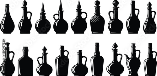 Vintage glass bottle silhouettes collection with decorative shapes black and white vector illustration antique container design set