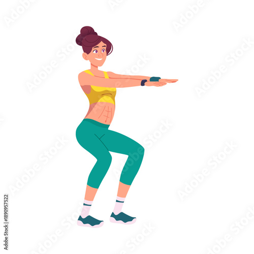 Woman executing controlled squat, Female maintaining steady deep squat posture