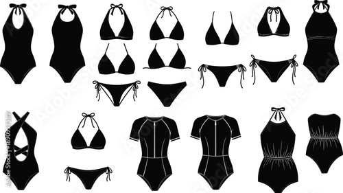 Women swimwear silhouettes collection with bikini and one piece swimsuit designs black and white fashion illustration set
