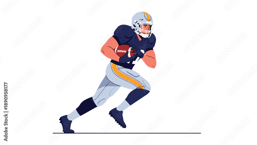 Fototapeta premium American football player in full gear and helmet running aggressively with the ball during a competitive sports match.