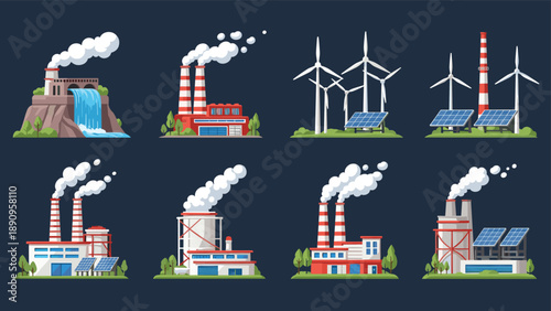 Collection of various energy production facilities including hydropower plants, smoking industrial factories, wind turbines, and solar panels.