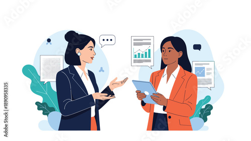 Two professional businesswomen analyzing financial charts and data reports while discussing projects in a modern office setting.