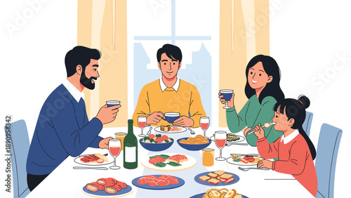 Happy family and friends gathering together for a festive dinner party with various dishes and drinks on a long table.