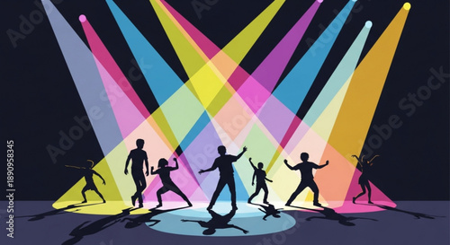 Silhouettes of people dancing under colorful spotlights on a dark background with vibrant beams of light