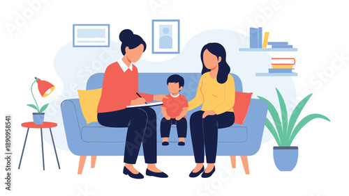 Professional female child psychologist sitting on a sofa and taking notes while consulting a mother and her young son in a clinic.