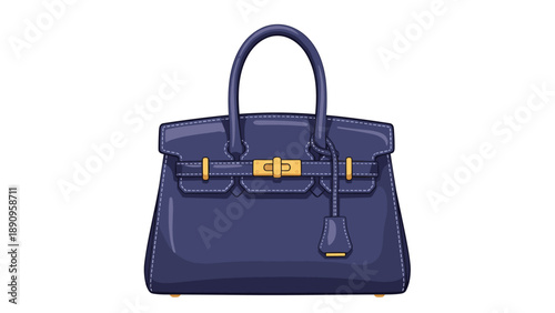 High quality illustration of a luxury dark blue designer handbag featuring gold hardware and elegant leather stitching details.