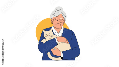 Smiling elderly woman with white hair wears glasses and a blue sweater while affectionately holding her pet cat in her arms.