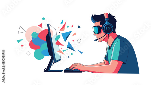 Young male gamer wears a virtual reality headset and headphones while playing an immersive video game on a desktop computer.